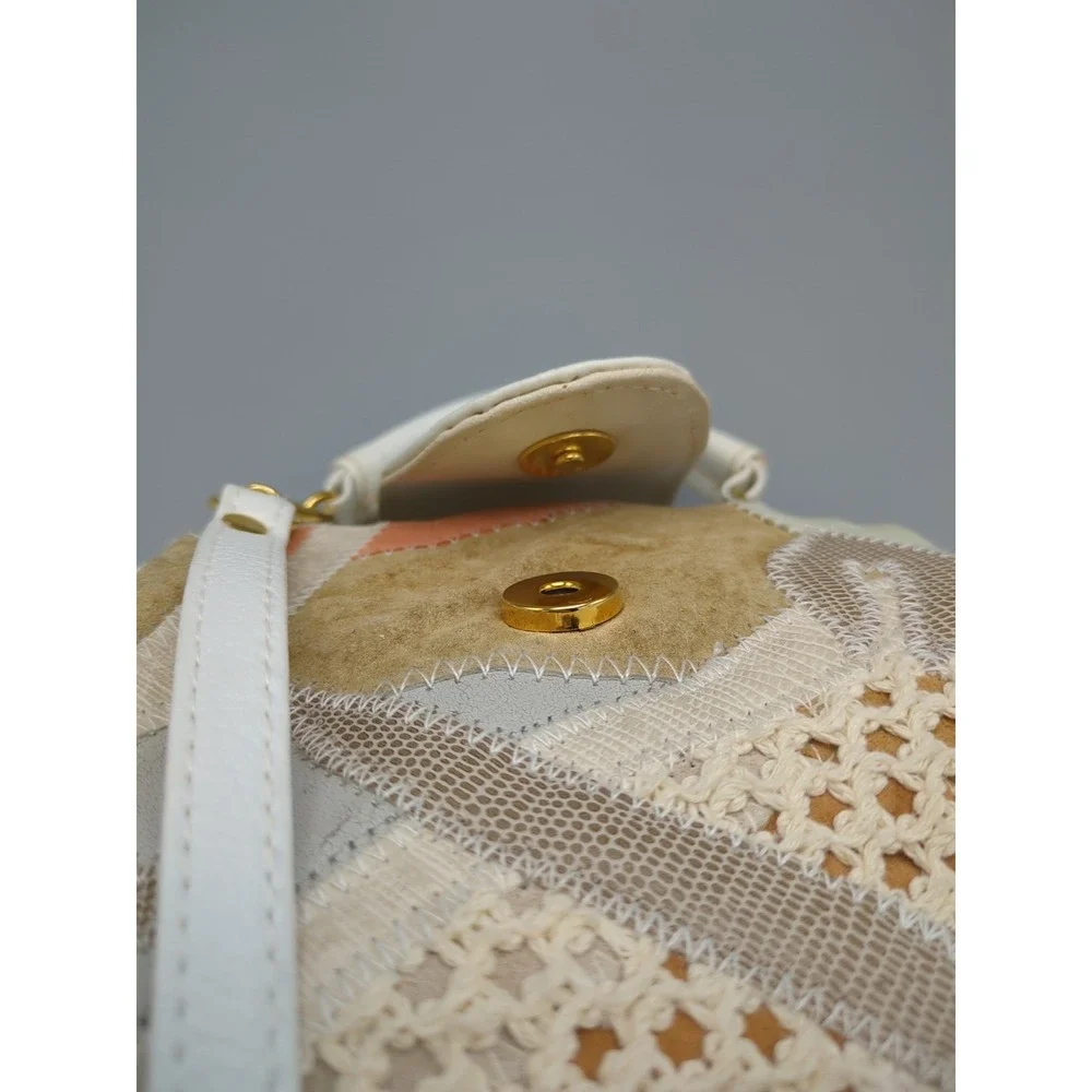 Vtg 80s White Pastel Patchwork Purse Leather Crochet‎ Shoulder Handbag Crossbody